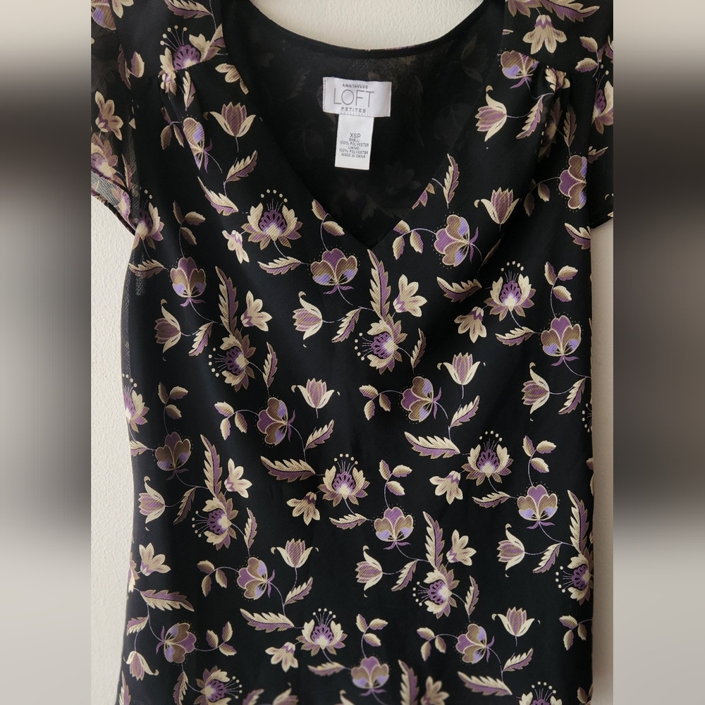 LOFT Black Embellished Blouse with Pink Accents